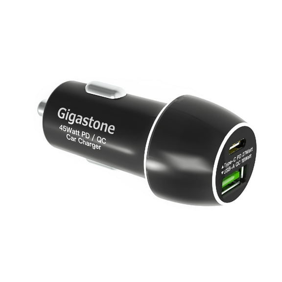 Gigastone Dual port PD Car Charger, 45W 2 Port USB-C PD 27W and USB-A 3.0 Qualcomm 18W, Black, GS-PC-4500B-R