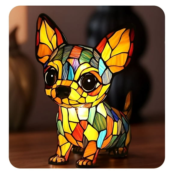 HIBIBUD Retro Stained Resin Chihuahua Dog Tabletop Night Light,Animal Table Lamps Series,3D Cute Dog LED Stained Glass Table Lamps,Vintage Home Decor Gift for Pets Lovers