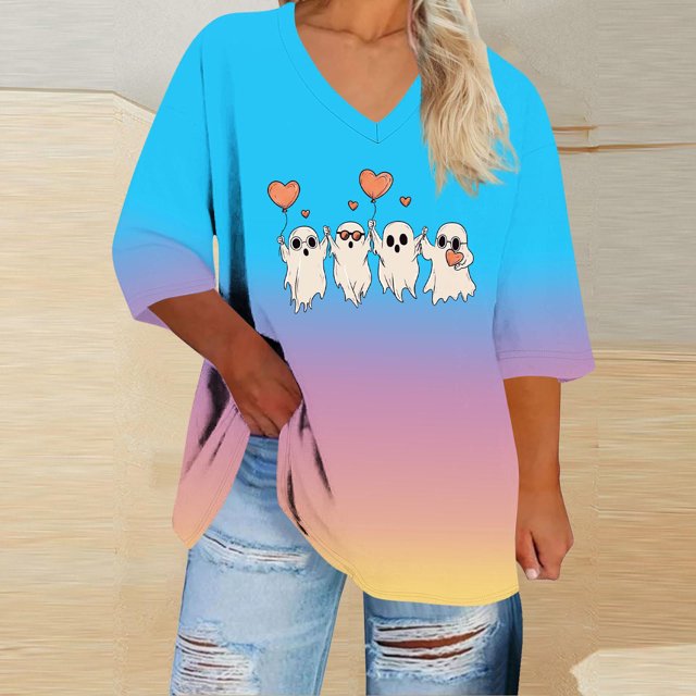 Heisall Womens T-shirts Halloween Print V-Neck 3/4 Sleeve Loose Plus Size Casual Fashion Daily Wear Tops