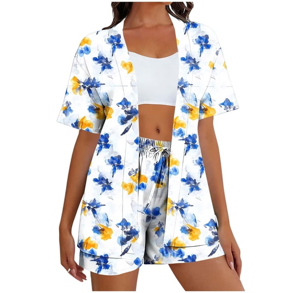 2 Piece Sets for Women Summer,2 Piece Tropical Print Beach Cover up Set Kimono Top & Elastic Waist Shorts Vacation Outfits for Cruise Resort