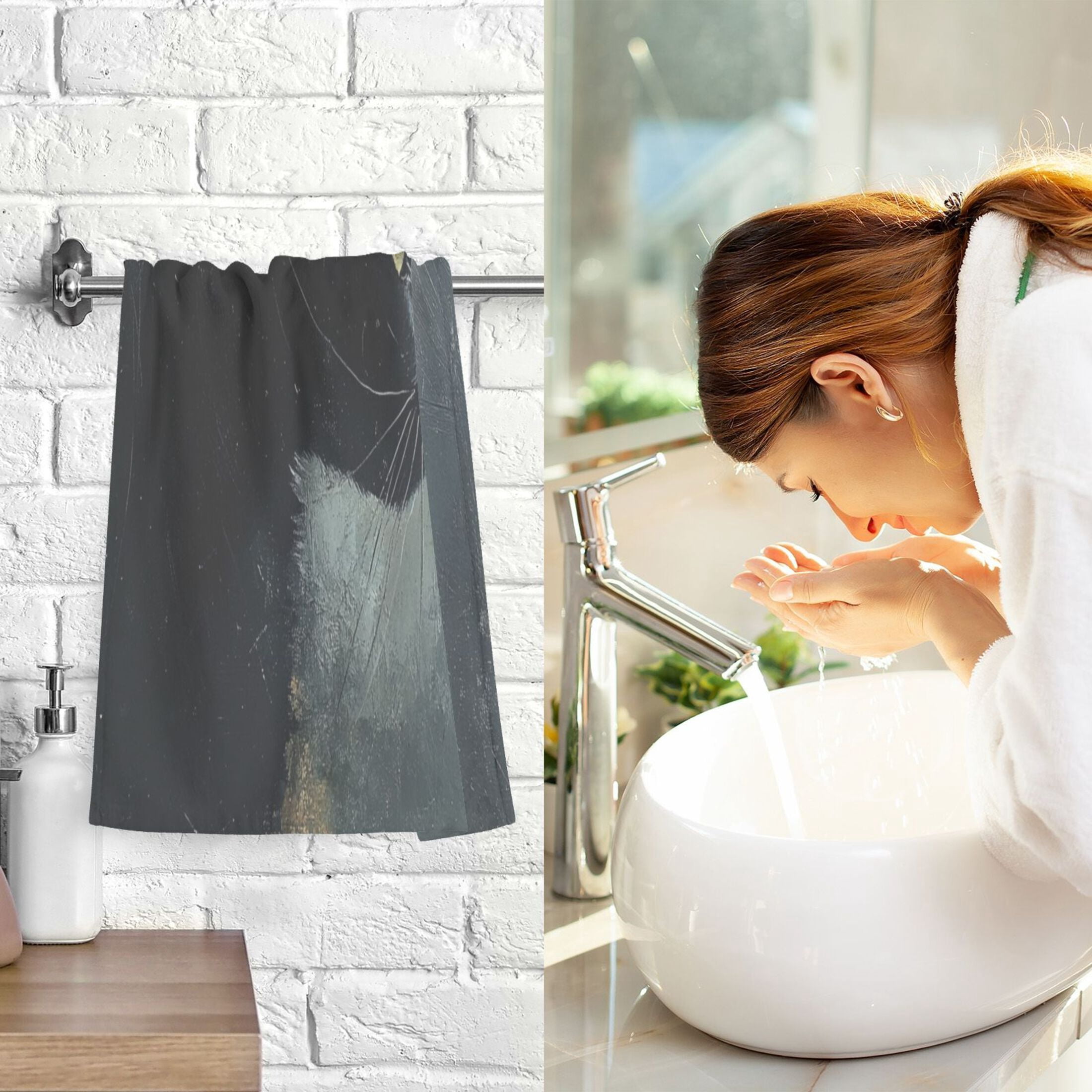 Cotton Towel Two-Piece 16x28 Inch One Sizex2 Face Towel Set Towel Set Cotton Hand Bath Towel Bathroom Beach Black Painting Cat