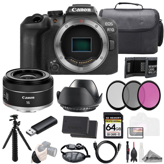 Canon EOS R10 Camera   RF 16mm f/2.8 STM Lens  64GB   Ext Bat  3 PC Filter- Kit (International Version)