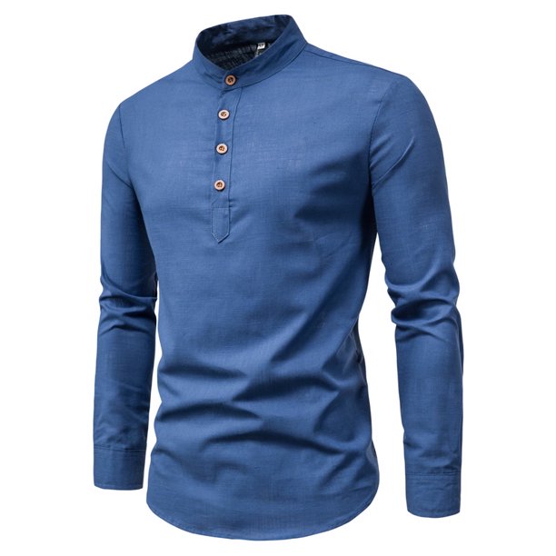 Camisas Casuales Sólidas Para Hombres Cuello De Pie Manga Larga Slim Fit Camisa De Lino Talla Grande M-5XLpangjing