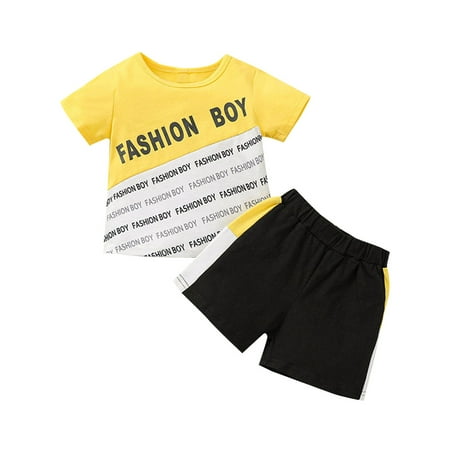 

Fsqjgq 2T Boys Summer Clothes Baby Suit Summer Fashion Spliced Short Sleeve Casual Suit Baby Boy English Print Tops Casual Shorts Suit Solid Baby Boy Clothe Cotton Blend Yellow 80