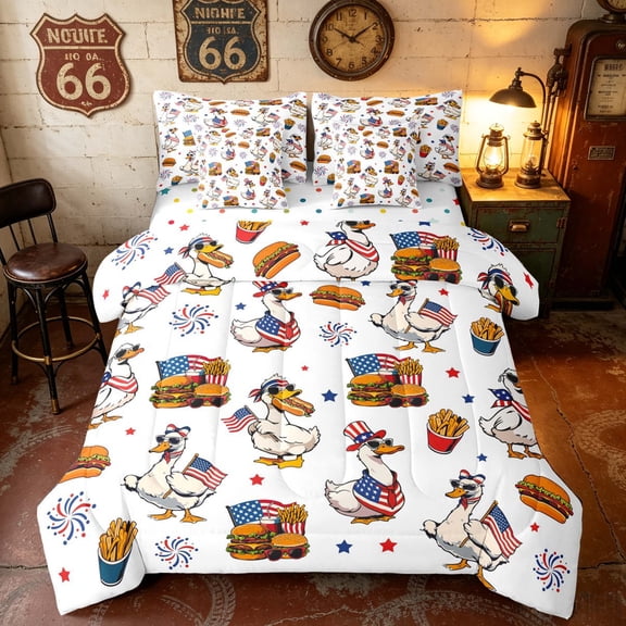 Manfei Funny US Flag Duck Twin Bedding, Fast Food Bedding Comforter Set, Red White Blue, Polka Dots Reversible 7 Pieces