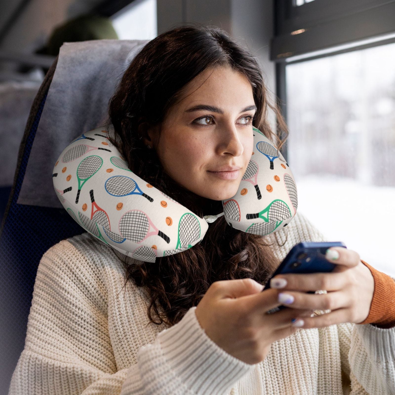 Xecao Cute Tennis Racket Print Memory Foam Cervical Neck Pillow Versatile U-Shaped Pillows for Home,Office,Camping,Travelling,Soft Washable Cover