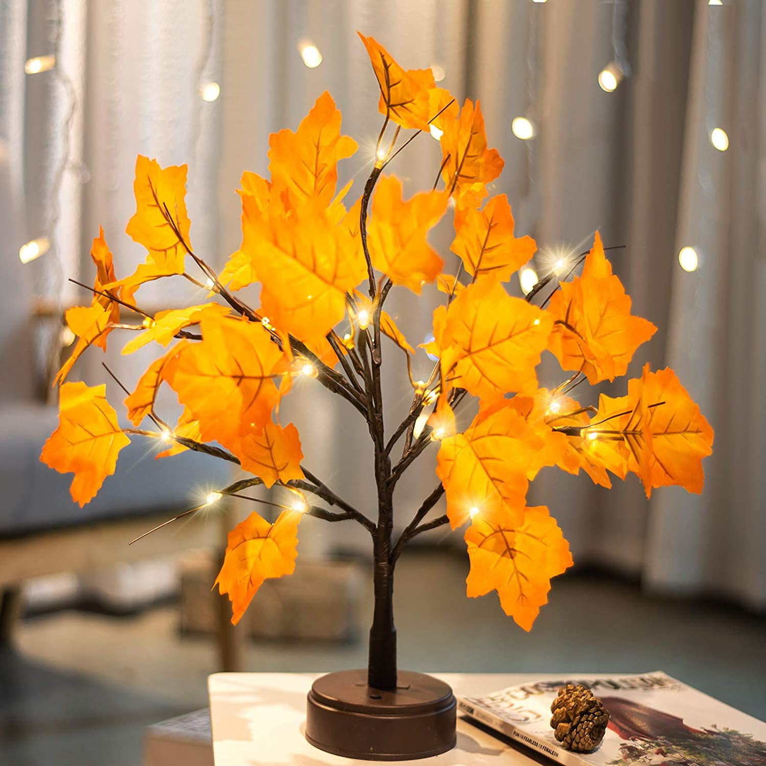 24 LED Lighted Tabletop Fall Maple Tree With Warm White LED Lights Xmas Decor AA 