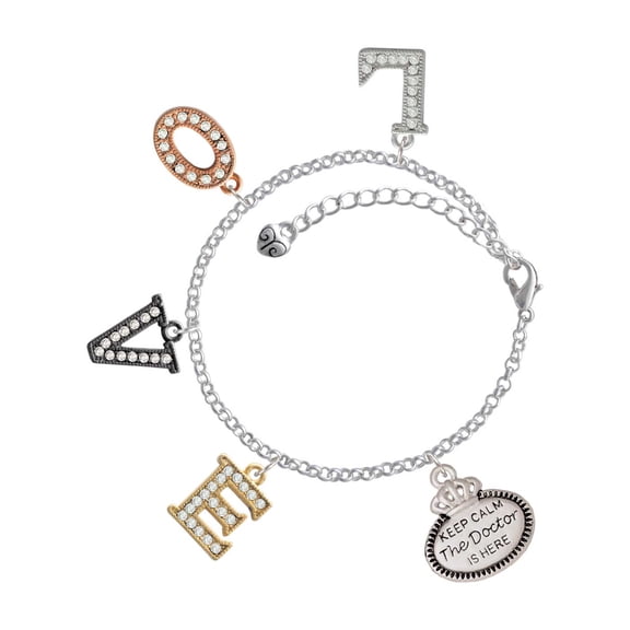 Delight Jewelry Silvertone Keep Calm The Doctor is Here Multi-Colored Crystal Love Charm Bracelet