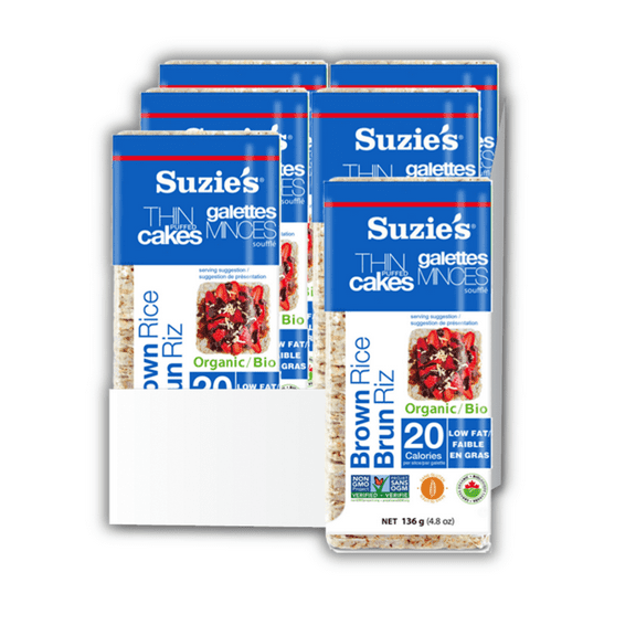 Suzie’s Organic Unsalted Thin Puffed Cakes Brown Rice | 6 Pack (130g) | Fat-Free, Gluten-free, non-GMO, Vegan