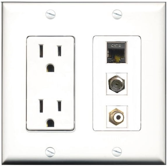 RiteAV - 15 Amp Power Outlet 1 Port RCA White 1 Port Coax 1 Port Shielded Cat6 Ethernet Ethernet Decorative Wall Plate