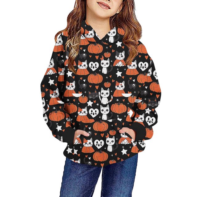 Sweat à Capuche Unisexe pour Enfants Halloween Bébé Garçons Filles Imprimé Manches Longues Pull-Over 4-14 Ans Multicolore