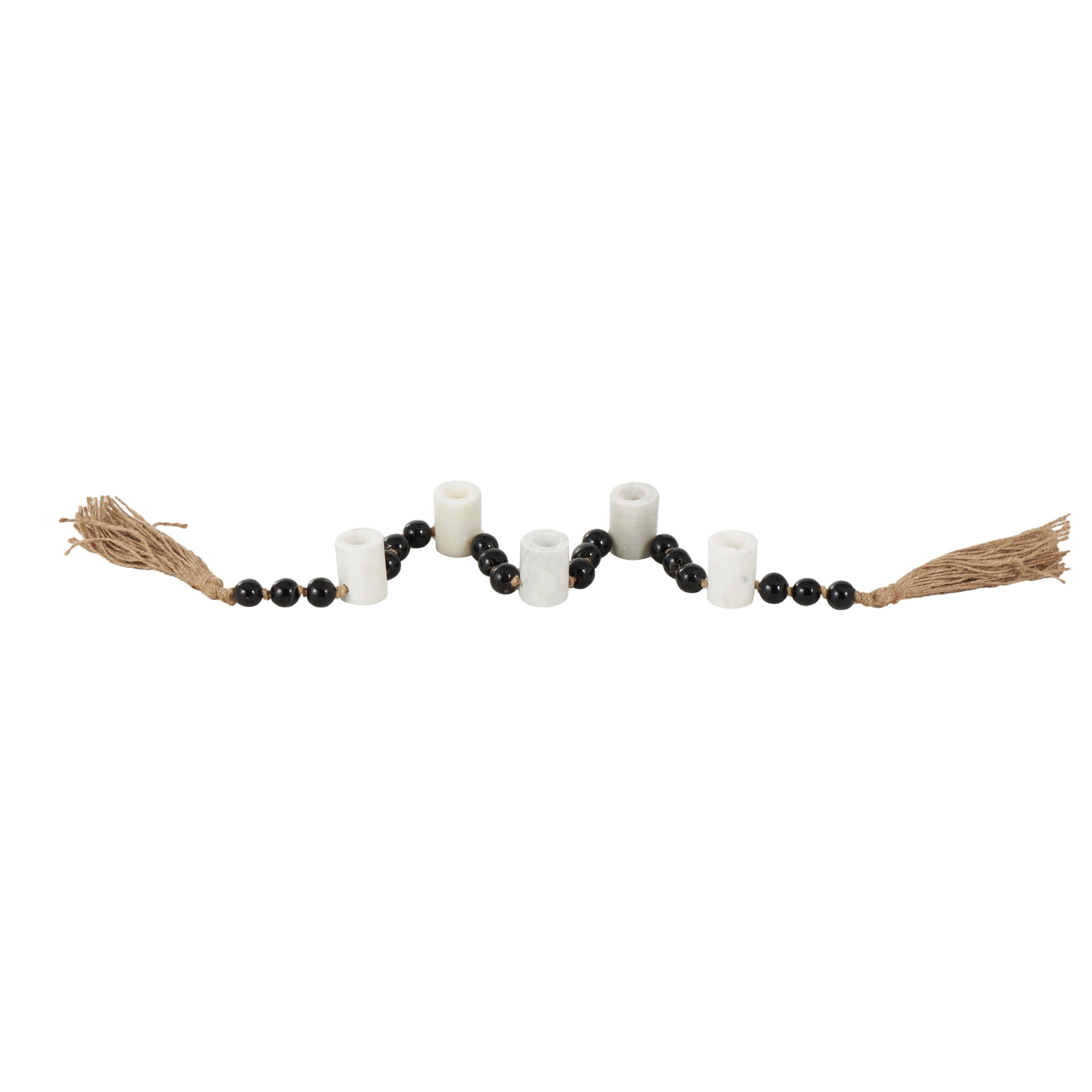 DecMode 5 Candle White Marble Round Garland Candle Holder with Brown Tassel and Black Beads