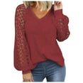 thumbnail image 2 of Women’s Long Sleeve Tops Lace Hollow Out Casual Loose Solid Color Tunic Blouses Crewneck/V Neck Fashion T Shirts, 2 of 5