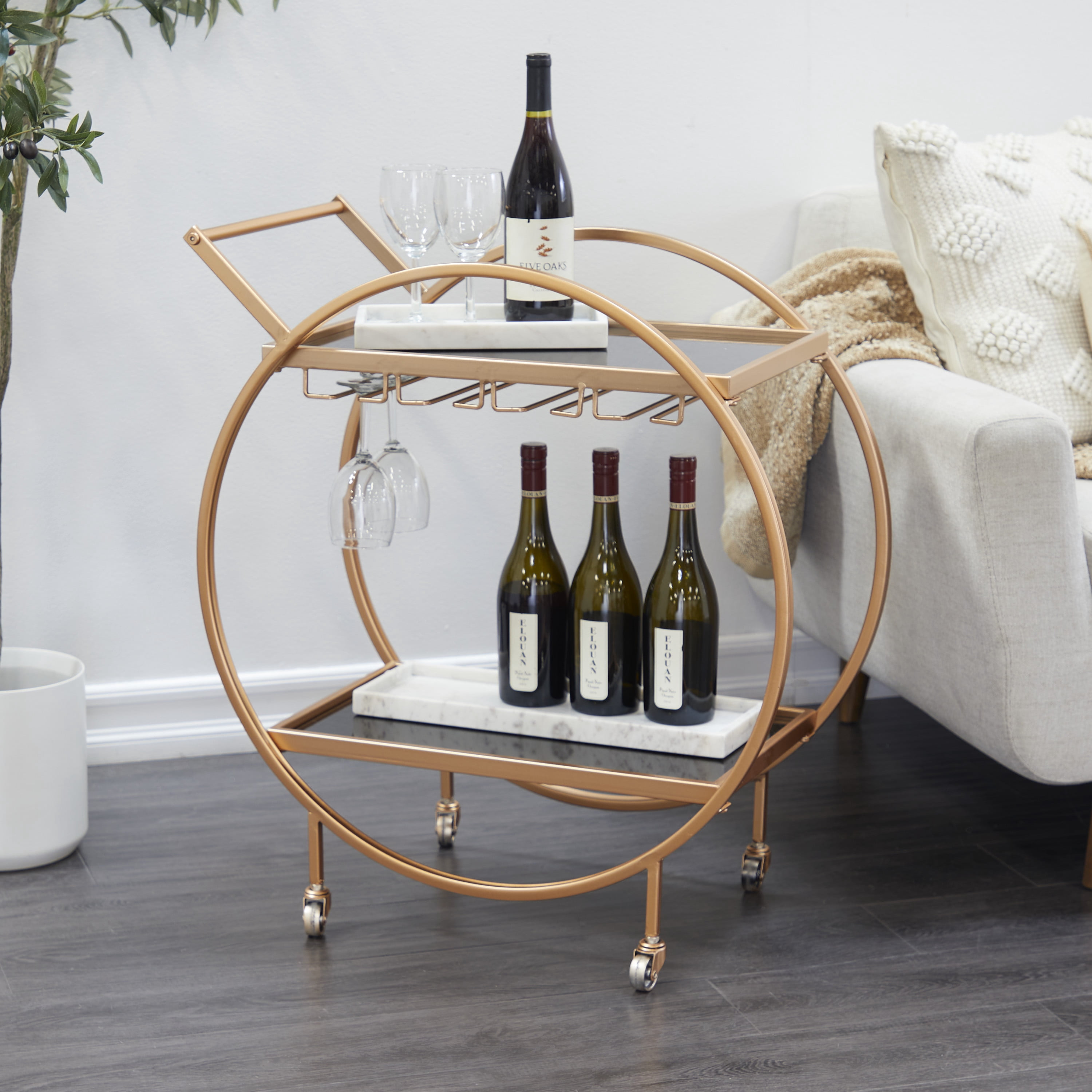 DecMode 28" x 31" Rose Gold Metal Rolling 2 Mirrored Shelves Bar Cart with Wine Glass Storage and Handle, 1-Piece