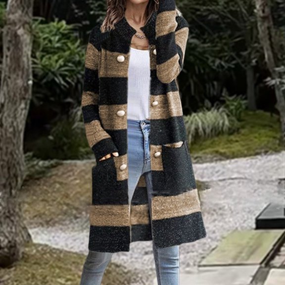 WFJCJPAF Clearance! Pullover Sweaters for Women Hooded,Women's Loose Sweater Stripe Pocket Knitted Cardigan Button Sweater Women - Black S
