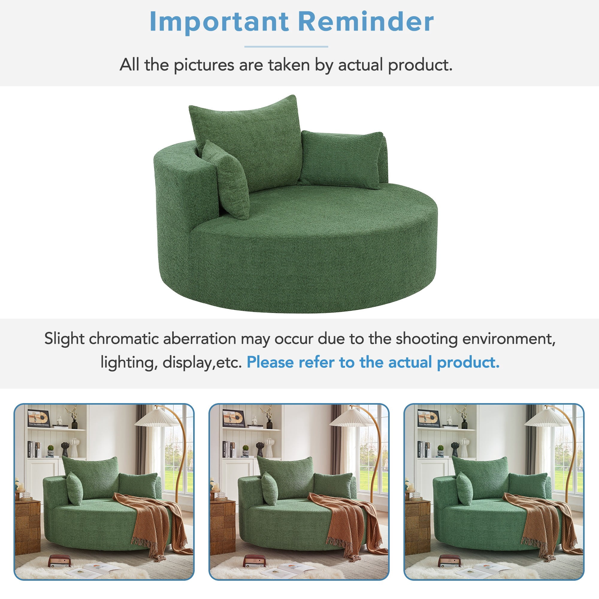 Swivel Round Sofa Couch Sofa Bed,360° Swivel Chair Accent Barrel Chair with 3 Removable Pillows for Living Room, Bedroom,Green