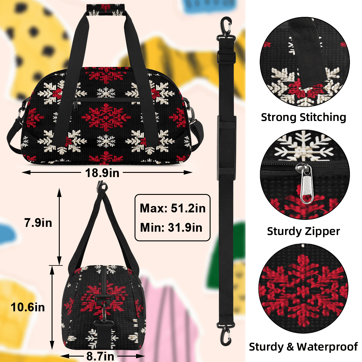 Herdesigns Sports Duffle Bags Travel Duffle Bag Gym Bag Red White Snowflakes Weekender Travel Bag Waterproof Overnight Bag Carry On Travel Tote Bag Dance Bags