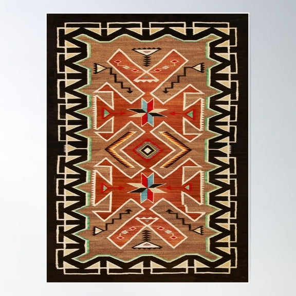 Navajo Tapestry From 1900S Turquoise Tan And Beige Pattern Poster Wall Art, Modern Wall Decor For Living Room Bedroom, 8x12 UNFRAMED