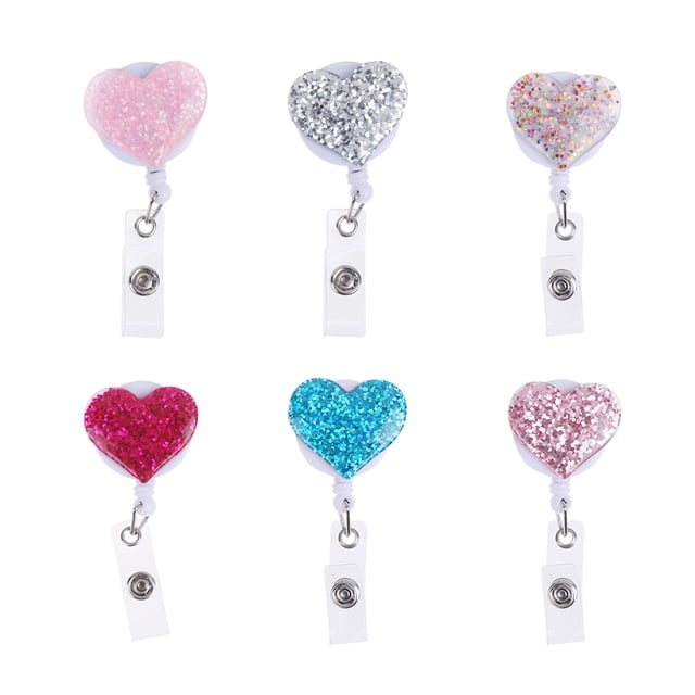 Miangastore 6 Pcs Porte-Badge d'Infirmière Coloré Créatif en Forme de Cœur avec Strass, Clips Rétractables pour Badge d'Identité