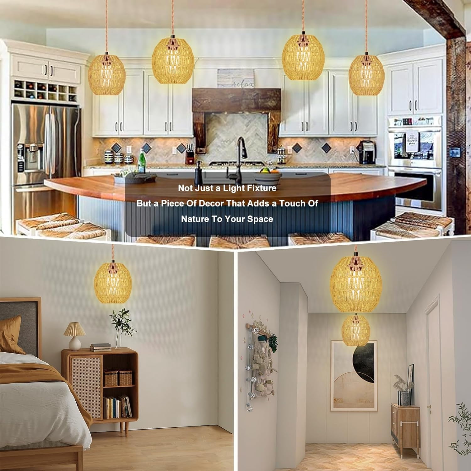 Hanging Lamps Rattan Pendant Light Hanging Lights 16.4ft Plug in Cord Pendant Light Fixture Plug Into Wall Outlet Pendant Lighting with On Off Switch for Bedroom Living (Egg Shade)