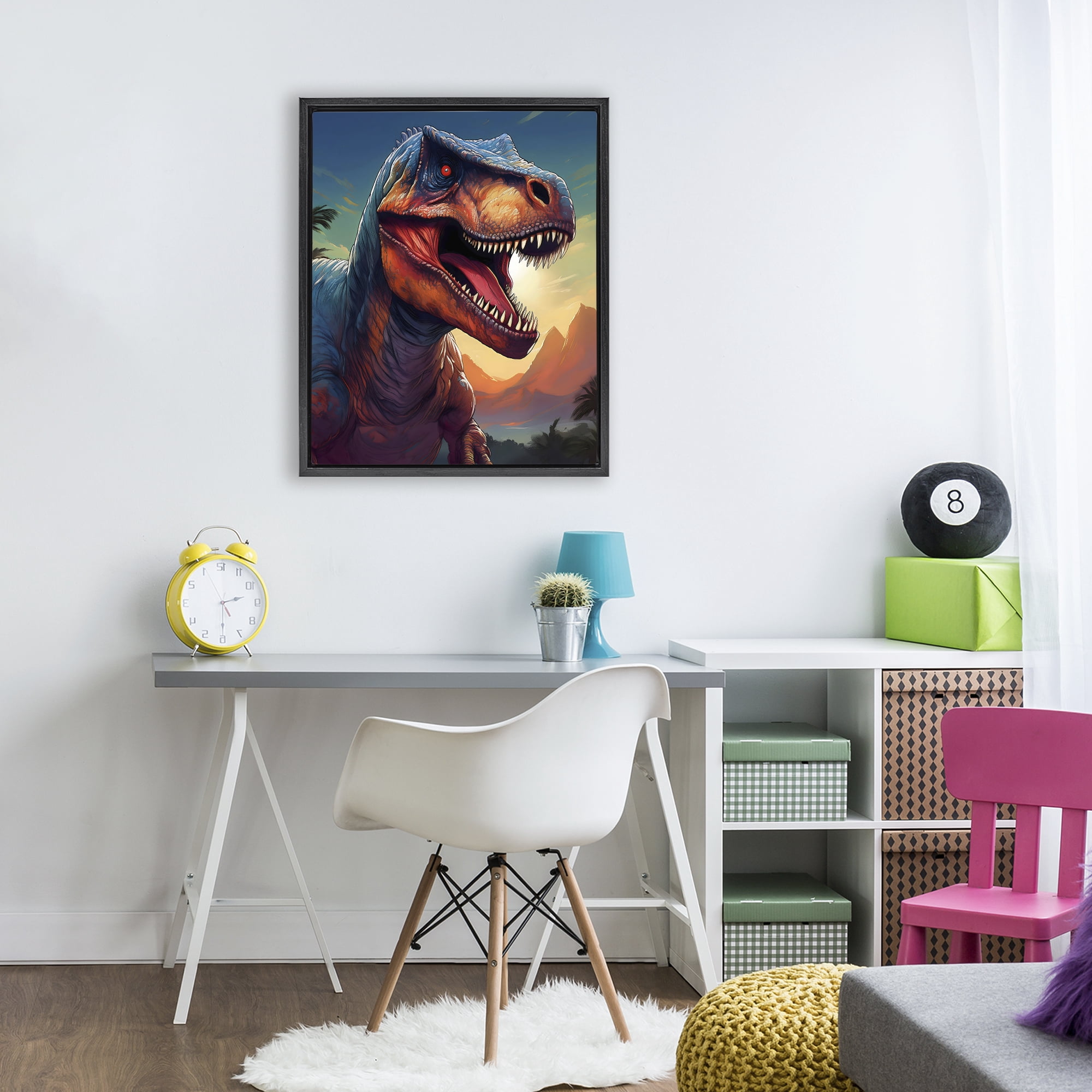 Stupell Industries Dinosaur with Sunset Landscape Black Framed Floater Canvas Wall Art, design by Creative Studio