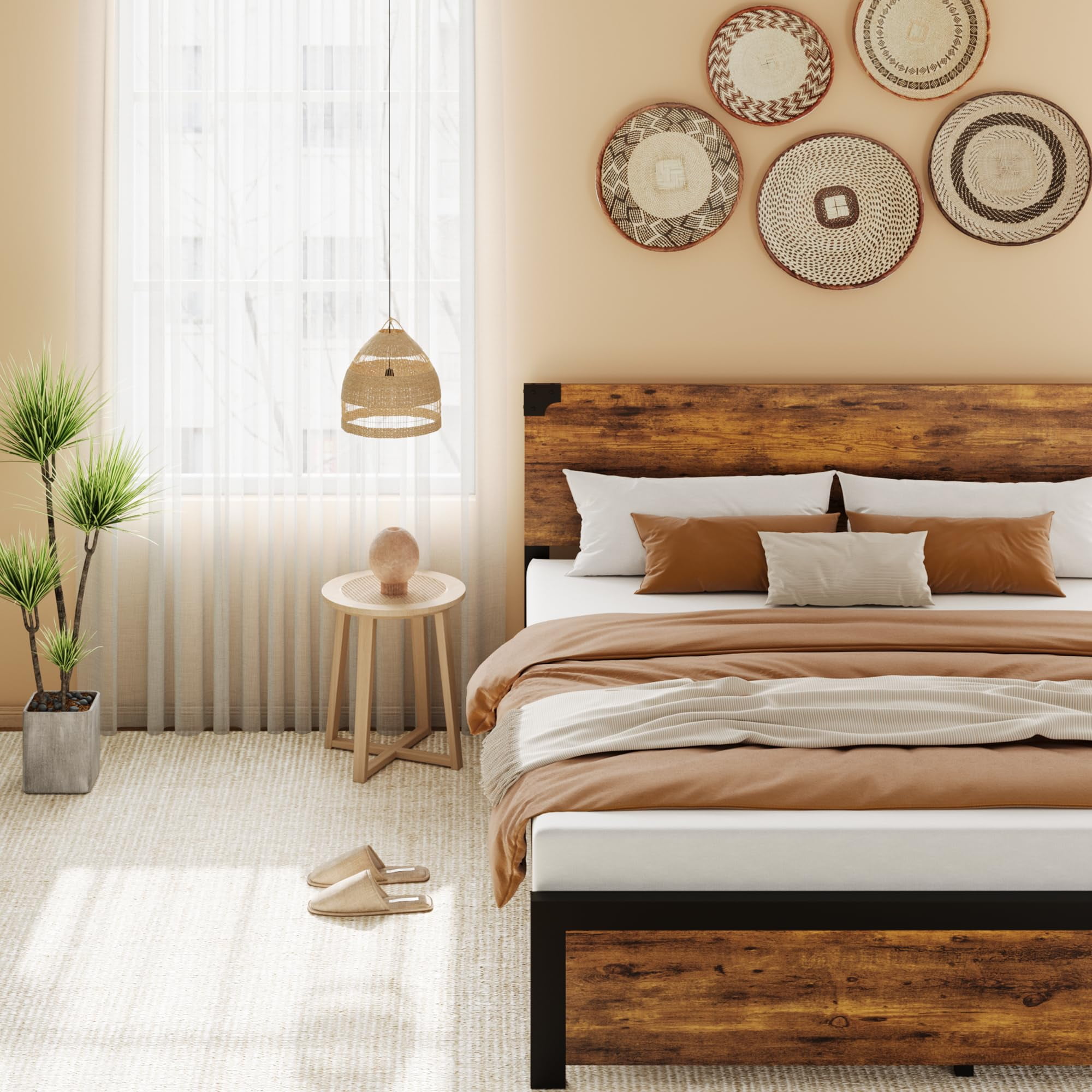 Queen Size Bed Frame with Wood Headboard, King Platform Bed Frame with Under Bed Storage and Metal Legs, Noise Free, No Box Spring Needed, Easy Assembly-Rustic Brown