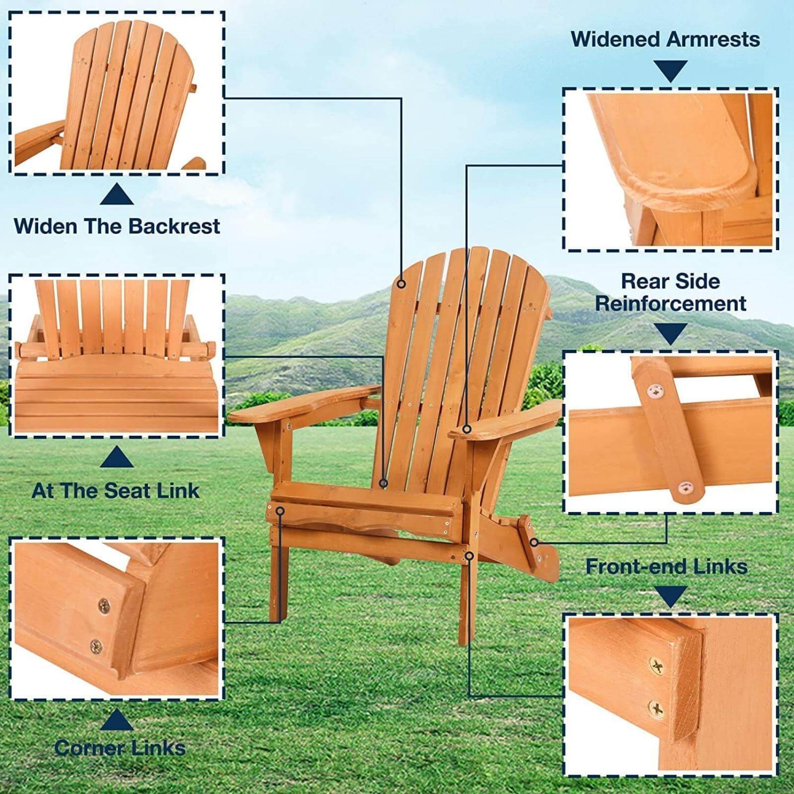 Adirondack Chair Set of 2 Folding Outdoor Patio Chairs All Weather Resistant Chair, Solid Wooden Accent Lounge Chairs w/Arms, Widely Used in Fire Pit Deck Garden Campfire Chairs, Natural, Yellow - image 5 of 8