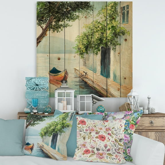 Designart 'A Beautiful Summer Day With Gondola In Venice' Nautical & Coastal Print on Natural Pine Wood