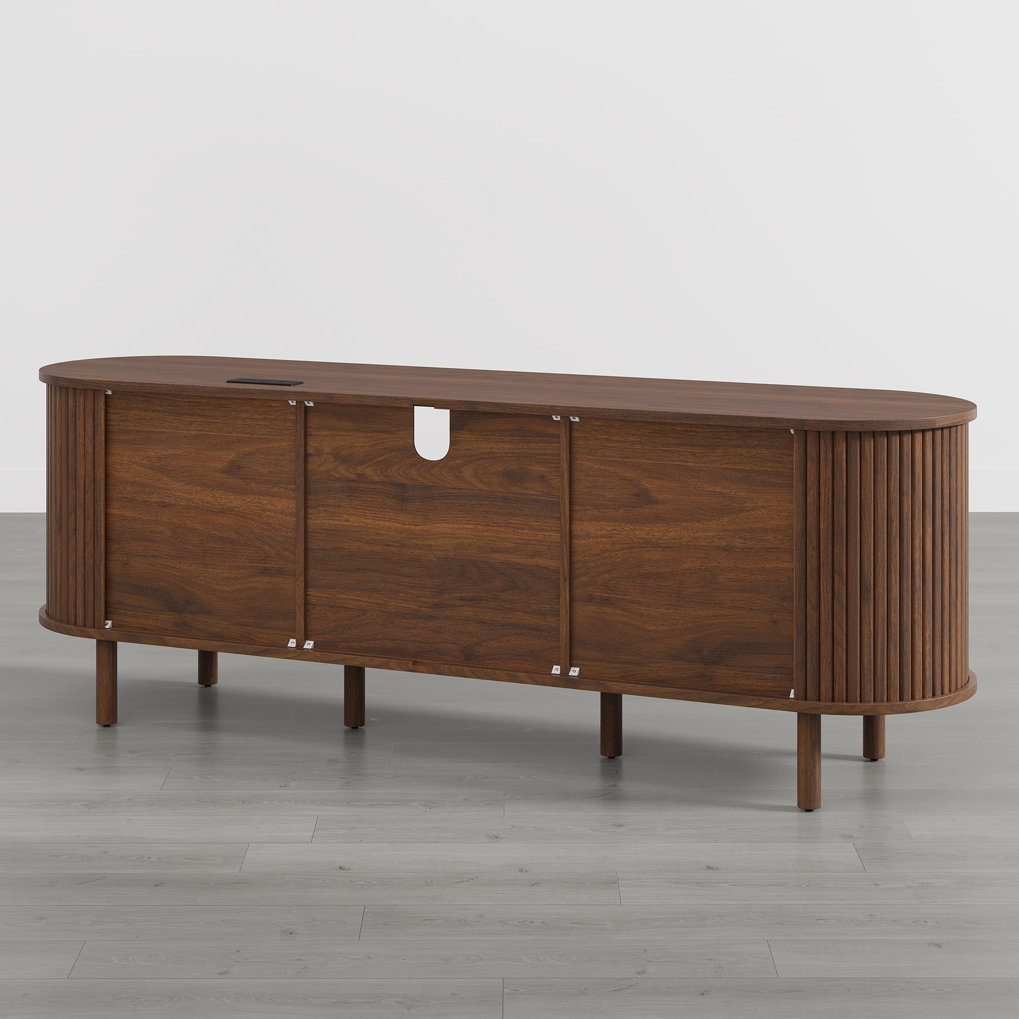 Spruce & Spring Tambour TV Stand with Power Outlet, Mid-Century Modern Entertainment Center, Rattan Drawer & Fluted Sliding Doors, Solid Wood Legs & Cable Management, Walnut, for TVs up to 70 Inch