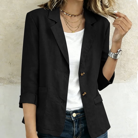 Ynynloco Women's 100%Cotton 3/4 Sleeve Blazer Business Casual 2 Button Fully-Lined Work Office Suit Jacket Slim Fit with Pockets