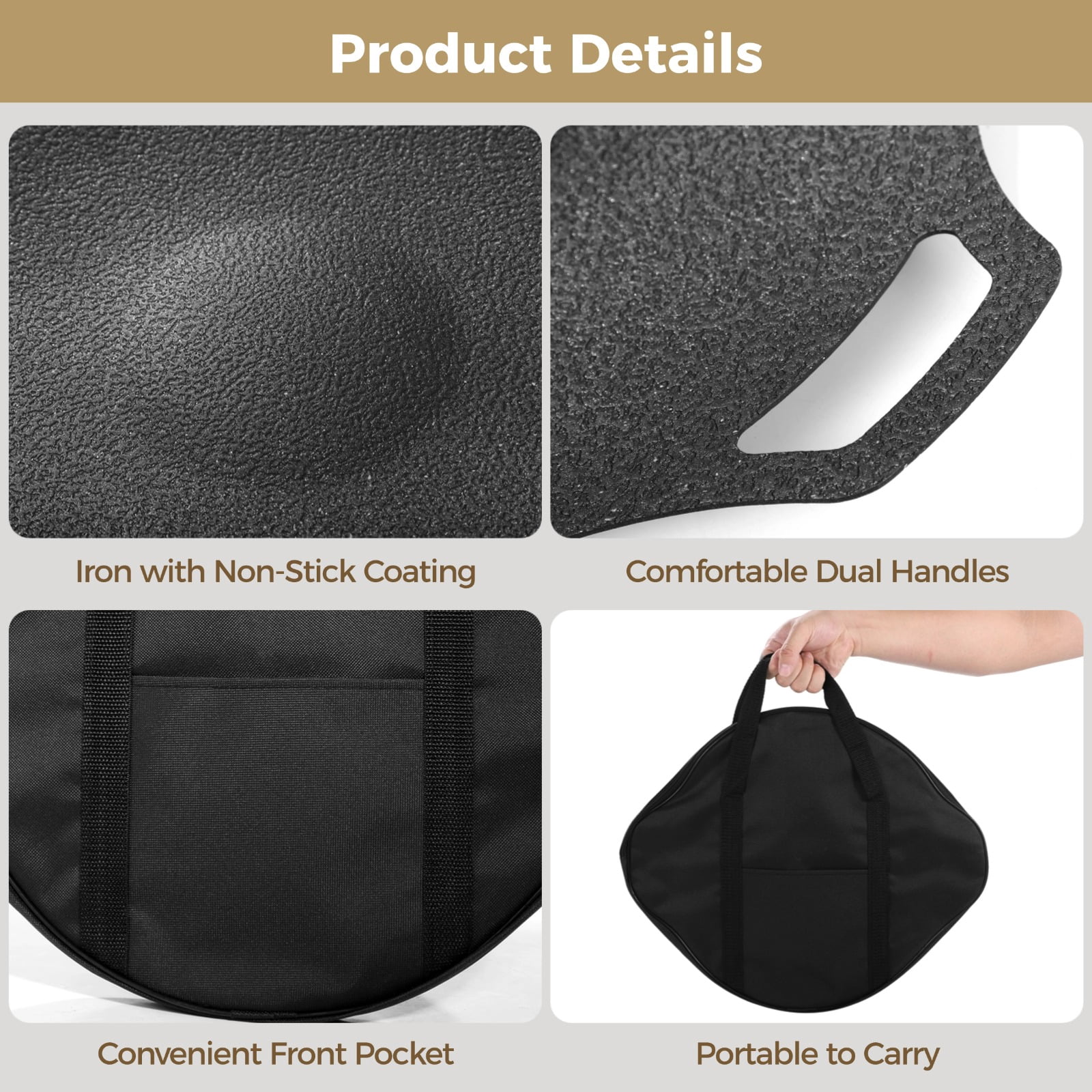 Korean Grill Pan with Bag, 13.2" Round Non-Stick Iron Grill Plate, Portable Indoor Outdoor Grilling Tray with Handles, Compatible with Gas Stove, Induction Cooker, Electric Cooktop