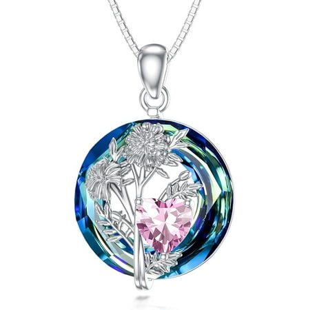 Birth Flower Birthstone Necklace 925 Sterling Silver 12 Birth Month Floral Crystal Pendant Birthstone Necklaces Birth Month Flower Jewelry Birthday Gift for Women