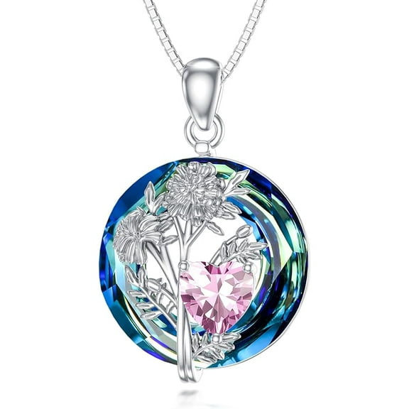 Birth Flower Birthstone Necklace 925 Sterling Silver 12 Birth Month Floral Crystal Pendant Birthstone Necklaces Birth Month Flower Jewelry Birthday Gift for Women