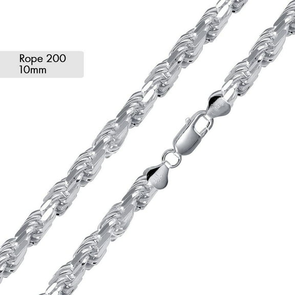 Sterling Silver 925 High Polished Rope Diamond-Cut 200 Chain 10mm Italy 22" Jewelry Female Unisex