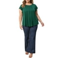 thumbnail image 3 of GRACE & GRANDEUR Women's Plus Size Summer Blouse Pleated Curved Hem Ruffle Sleeve Round Neck Dressy Loose Tops 1X Dark Green, 3 of 7