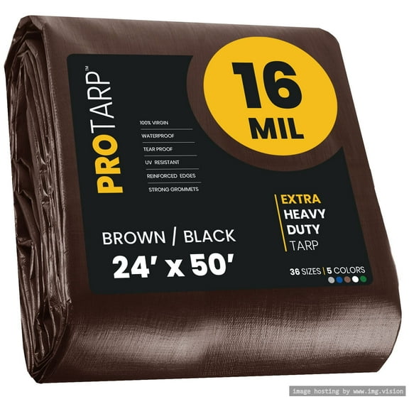 Protarp 16 Mil Extreme Heavy Duty Tarp Camping Tarpaulin Waterproof Cover, Brown/Black 24′ X 50′Ft