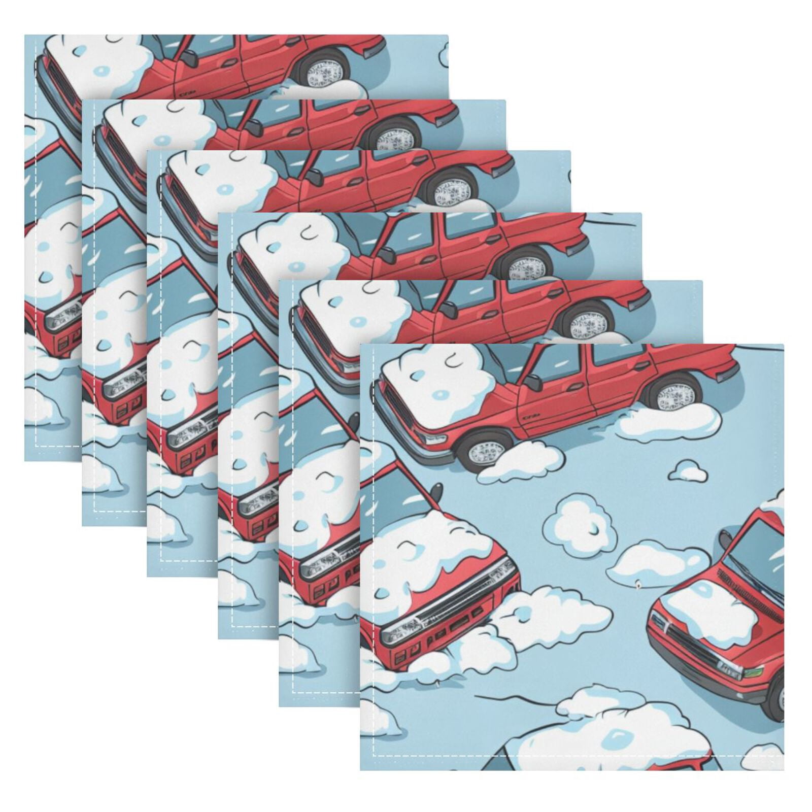 JSTEL Snow Cars Cloth Napkins Set of 6, 20x20 Inch Washable and Reusable Napkin for Decoupage Dinner Party Everyday Use