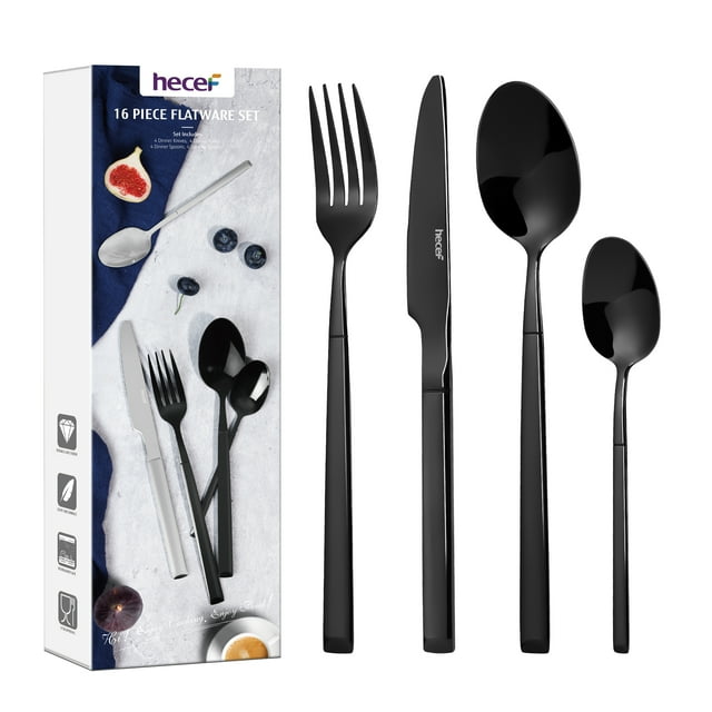 Juego de cubiertos Hecef de acero inoxidable de 16 piezas con revestimiento de titanio negro pulido, para 4 personas