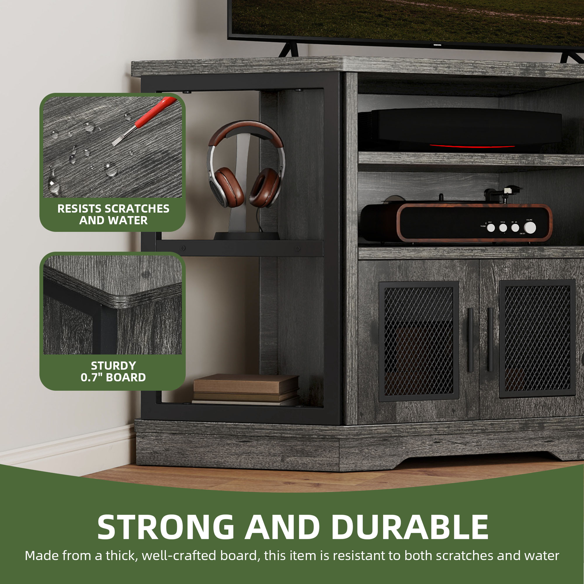 Uforic Modern Corner TV Stand with Adjustable Layer Board, Double Door Mesh Cabinet & 96-Hole Metal Handle, with 2 Outlets 2 USB Ports Power Socket, Gray