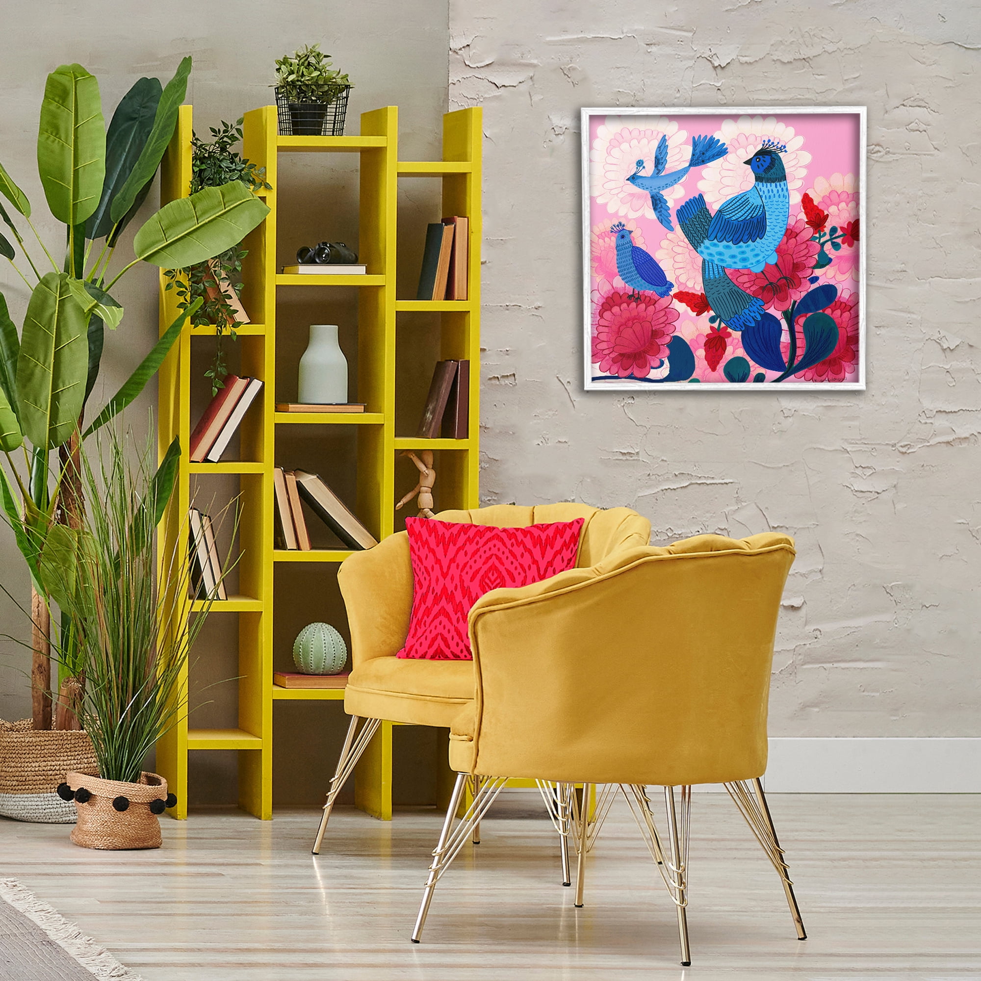 Stupell Industries Folk Birds on Dahlias Animals Painting White Framed Art Print Wall Art, 24 x 24