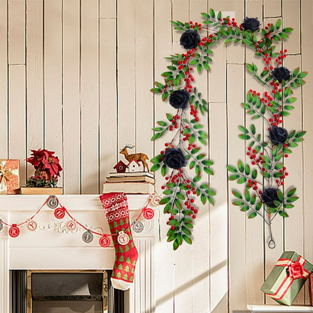Couronne de Noël Guirlande de Baies Rouges avec Feuilles Vertes pour Vacances Design Flexible Idéal pour Chemin de Table Chemin de Cheminée Décoration de Centre de Table