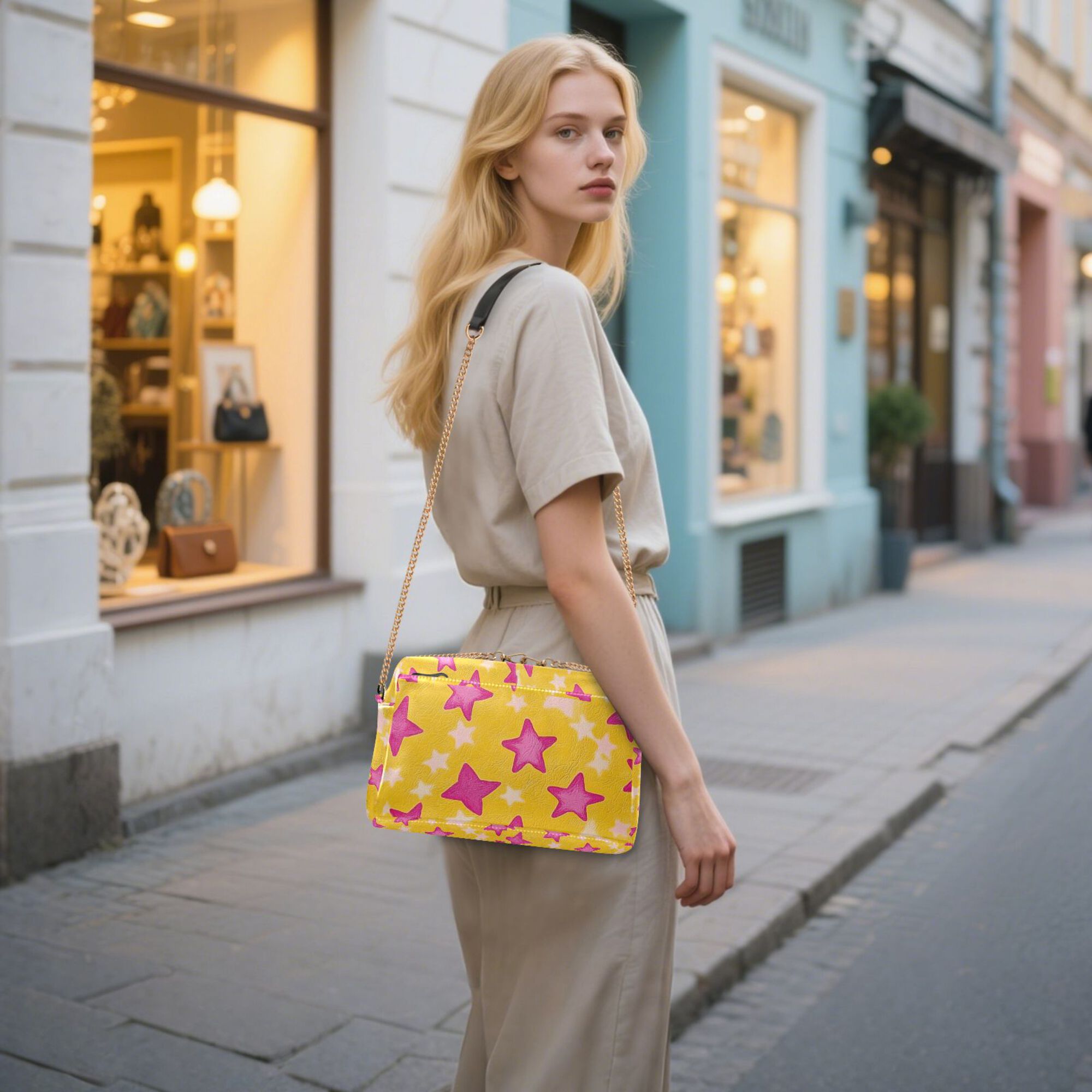 FORMRS Women Crossbody Purse with Chain Strap Vegan Leather Shoulder Handbag, Large Pink Stars