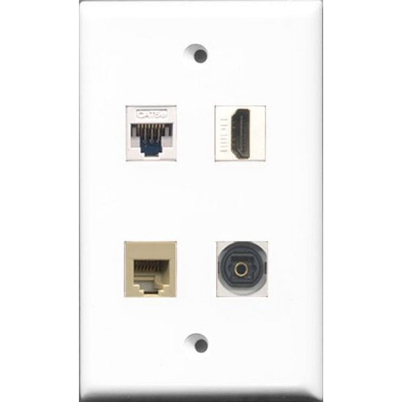 RiteAV - 1 Port HDMI and 1 Port Phone RJ11 RJ12 Beige and 1 Port Toslink and 1 Port Cat5e Ethernet White Wall Plate