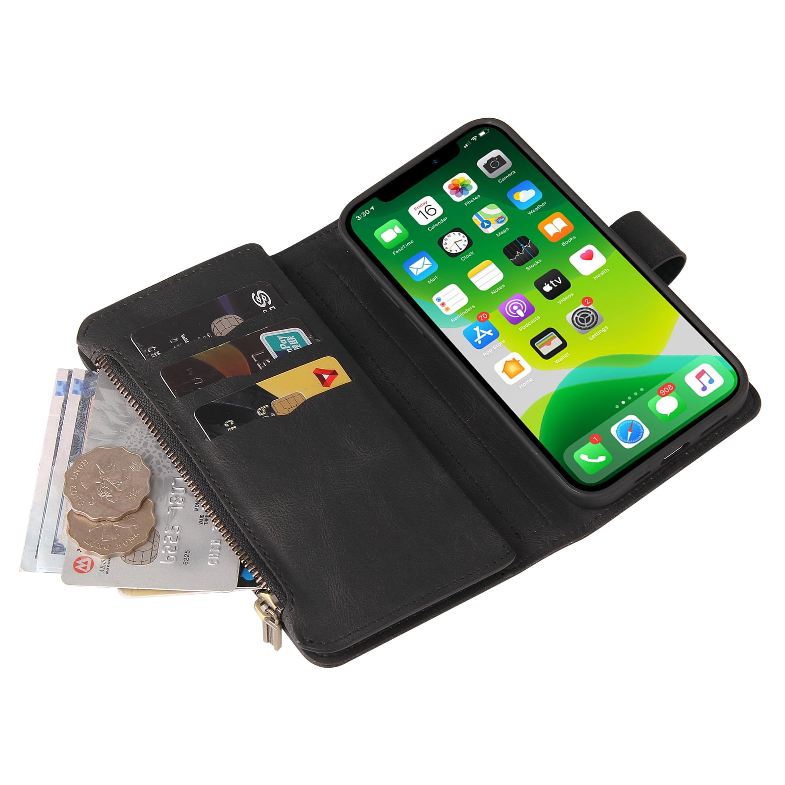 Wallet Case for iPhone 13, Magnetic Zipper Pouch Premium PU Leather with Kickstand Wallet Flip Shockproof Phone Case Wrist Strap Card Slots Holder Pocket iPhone 13,
Black