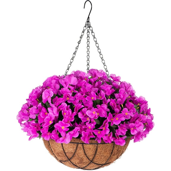 Artificial Flowerswith Hanging Basket for Outdoor Indoor,Fake Hydrangea Flowers in Coconut Lining Hanging Basket Home Courtyard Spring Decor,4 Branches Hydrangea Flowers in 12'' Basket(violet)