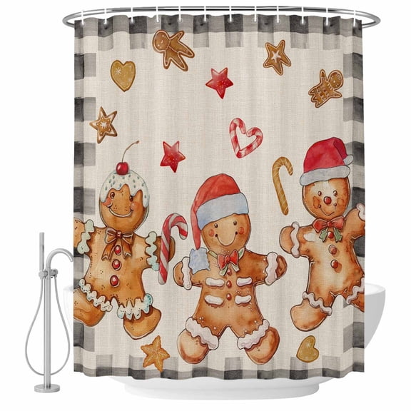 Shower Curtain Bathroom Set Christmas Watercolor Cookie Man Waterproof Fabric Shower Curtains with Grommets&Hooks, Dessert Candy Linen Plaid Privacy Bath Curtain for Bathtub 36x72in