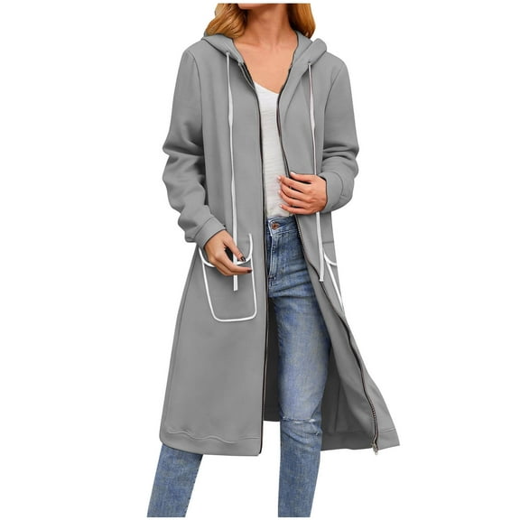 Long Zip Up Hoodie for Women Solid Fall Fashion Hooded Jackets Casual Comfy Fleece Sweatshirts with Pocket Drawstring Winter Long Cardigan Coats