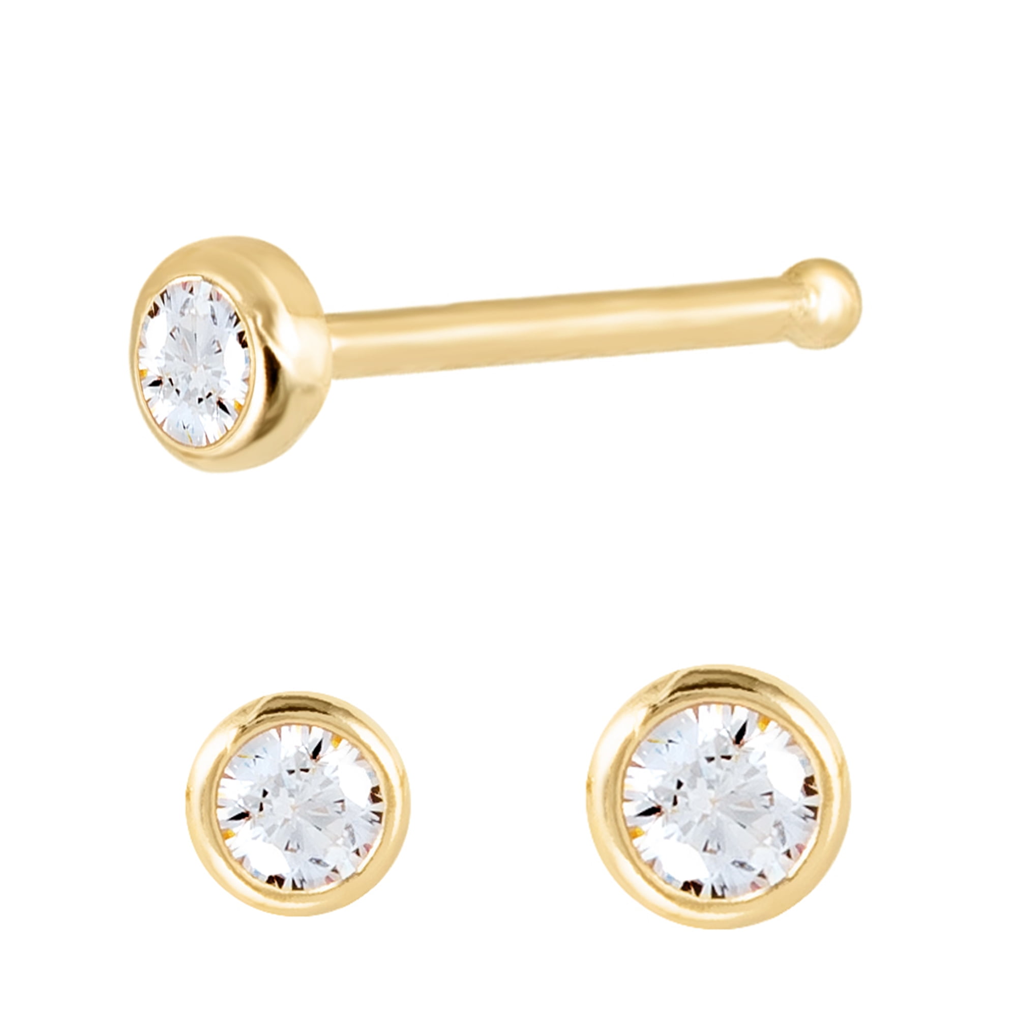 Solid 14Kt Yellow Gold 1.5mm Bezel set CZ Stud Nose Ring 22G Nose