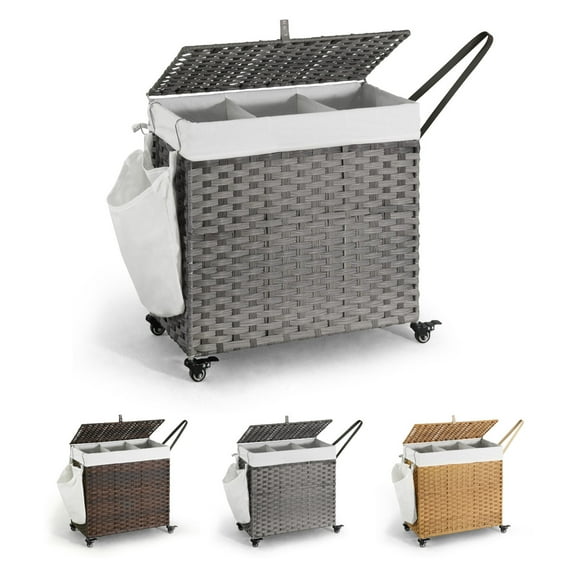 CAPHAUS Handwoven Basket w/ Lid for Storage, Synthetic Rattan Laundry Hamper w/ Wheels, Clothes Hamper for Laundry, Laundry Basket w/ Lid, Removable Liner Bags, Mesh Bags, Pulling Strap, 140L, Grey