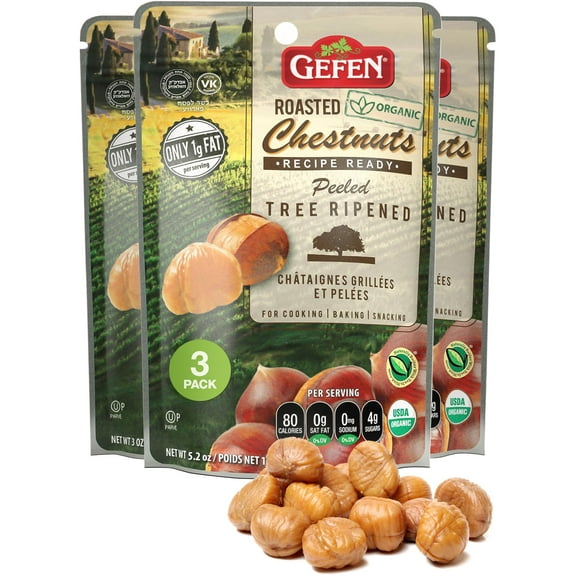 Gefen Organic Whole Peeled VTF5 and Roasted Chestnuts, 3oz (3 Pack) | Chestnuts Peeled and Ready to Eat | Great for Cooking & Baking | Gluten Free | Kosher